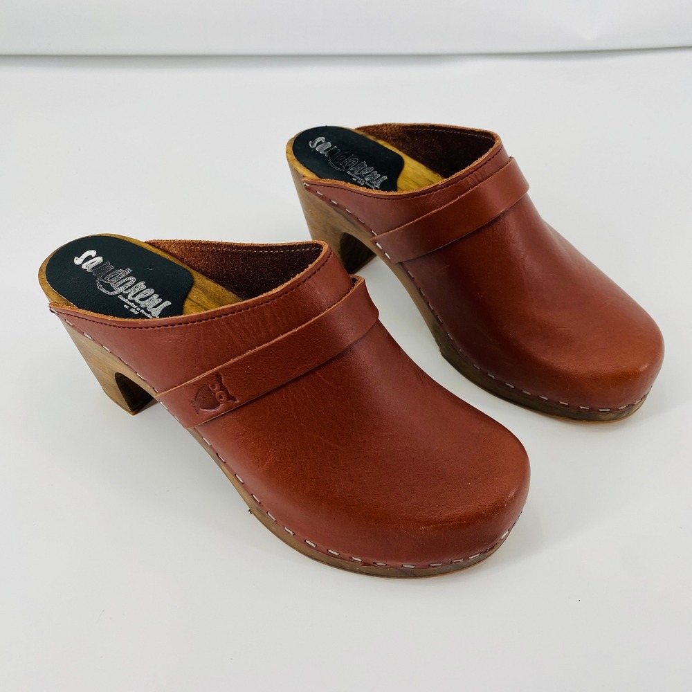 Sandgrens Dublin Clog Mules Women 38 Brown Leather Wooden High Heel Swedish